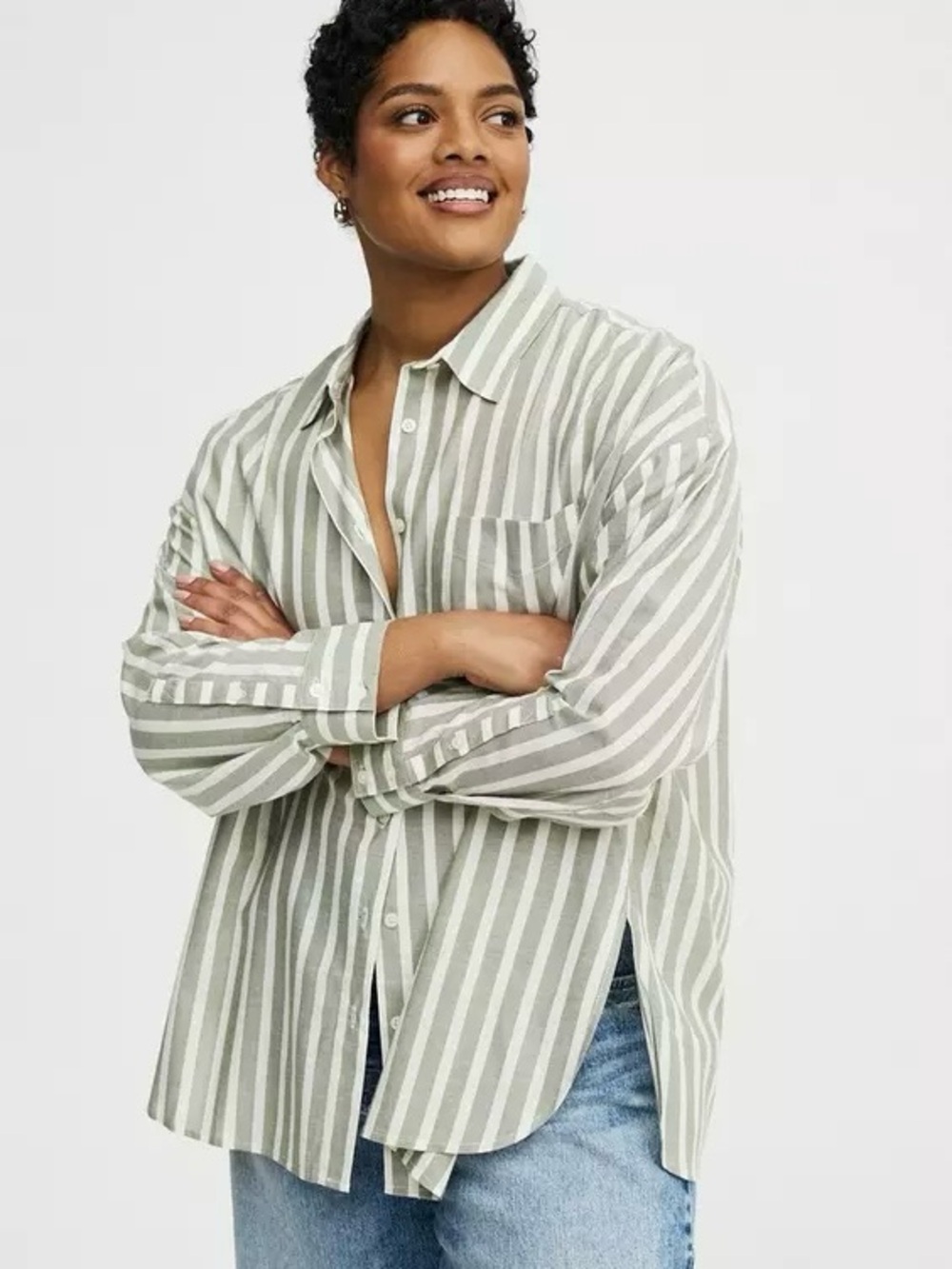 TORRID Plus Size Oversized Drop Shoulder Button Up Shirt Tori Stripe Olivine NWT - Picture 11 of 14